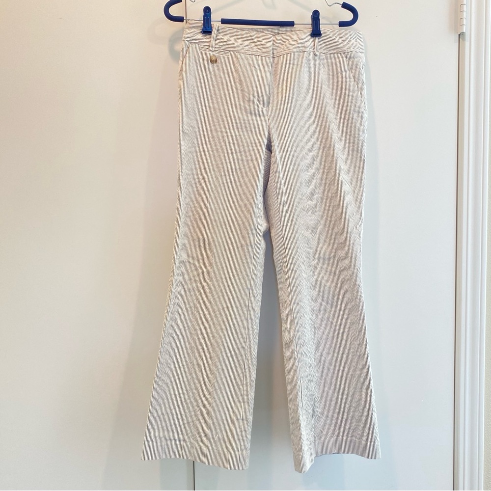 Dalia Collection Women’s Pants in White with Brown Pinstripes. Size 6P